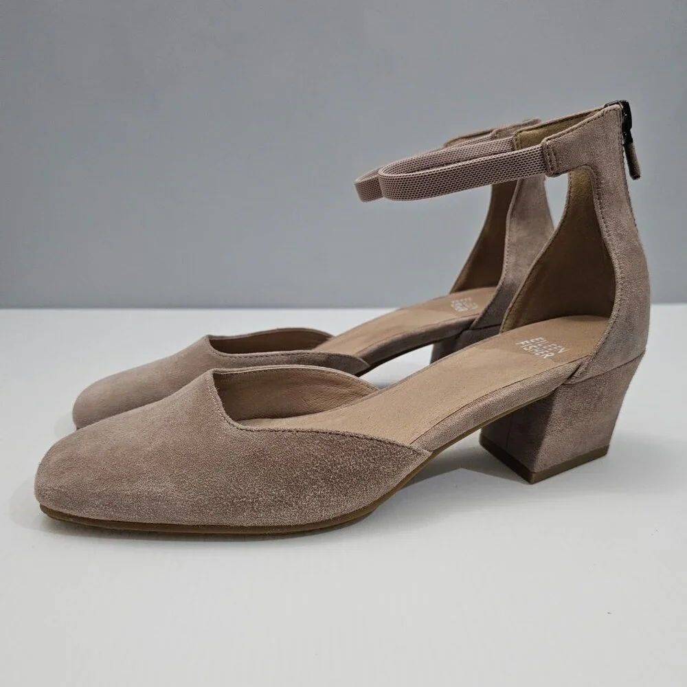 Eileen Fisher Veery Heel Pump Ankle Strap Zip Earth Tan Suede Size 8 NEW - Picture 16 of 16